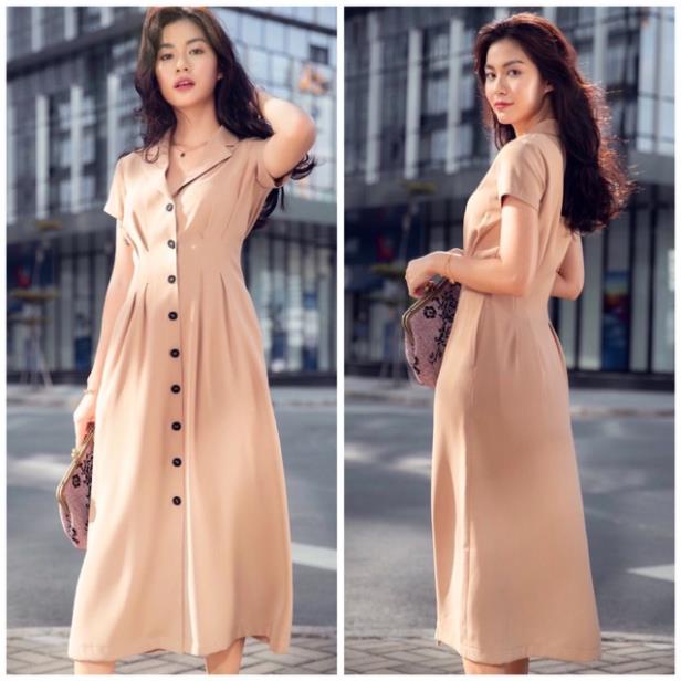 X2 Đầm sơ mi hồng công sở form dài đính nút ngực tay ngắn (kèm hình thật) tasa