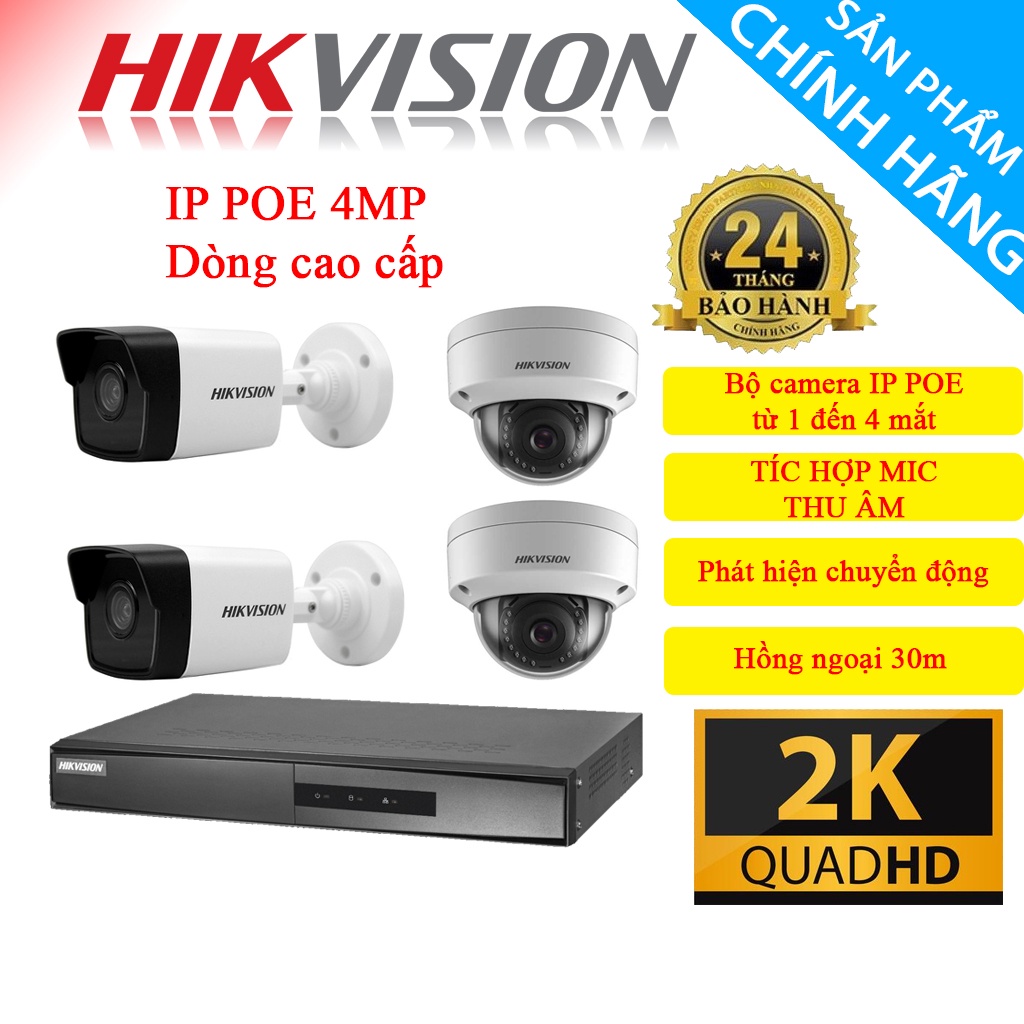 Bộ Camera 1/2/3/4 Mắt IP POE HIKVISION 4.0MP [ TÍC HỢP MÍC ] - Hàng Chính Hãng, Bảo Hành 24 Tháng