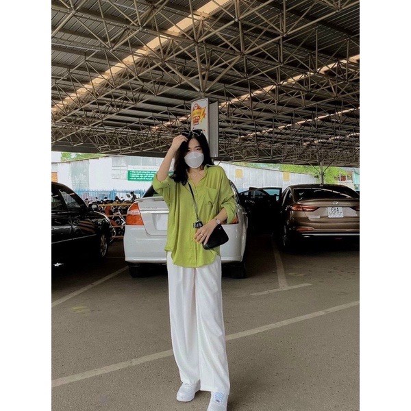 Sét áo sơ mi xanh cốm kèm quần ống rộng trắng- bộ đồ nữ hàn quốc áo chất lụa quần chất tuyết mưa lưng cao ulzzang