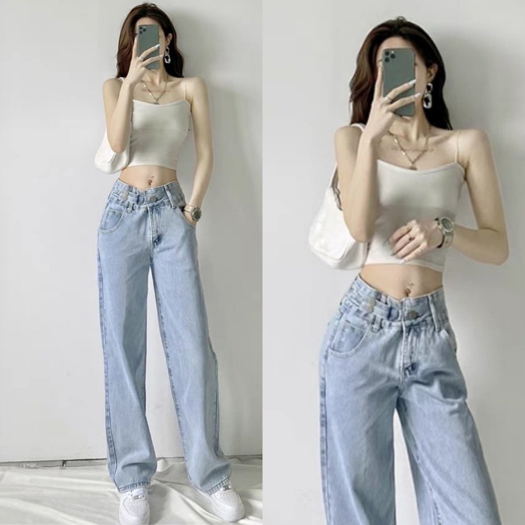 Quần JEAN ống rộng dáng suông cạp cá tính chất đẹp thời trang Banamo Fashion 967 9611