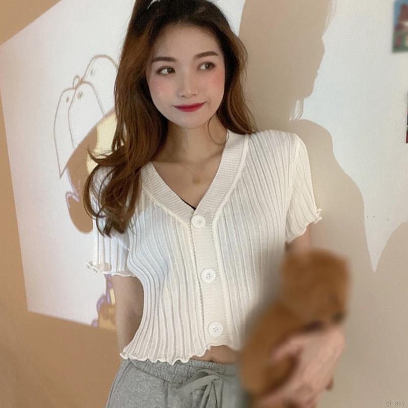 Áo Lửng Ngắn Tay Cổ Chữ V Phong Cách Hàn Quốc