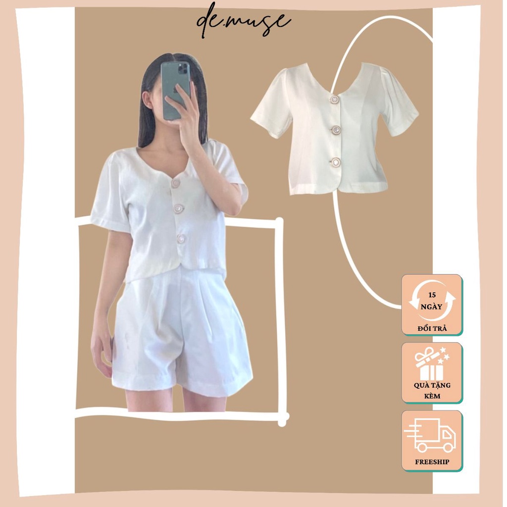 Áo kiểu tay lỡ cổ chữ V form rộng phong cách vintage thiết kế Demuse