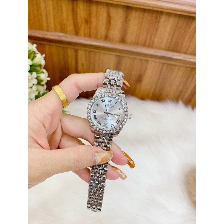 Đồng hồ nữ Rolex dây thép không gỉ , viền đá sang trọng , chữ số la mã thời thượng , đẳng cấp