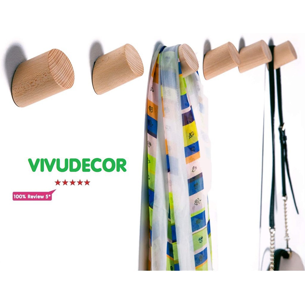 Móc treo quần áo Vivudecor gỗ gắn tường decor phòng trang trí màu sồi 8cm vát