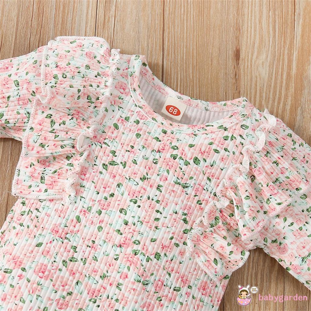 Set đồ 3 món áo liền thân tay dài phối bèo + quần dài ống loe in hoa + băng đô thời trang mùa thu cho bé gái