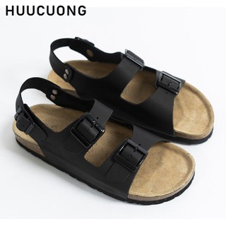 [Đẹp như Video]  Giày Sandal da bò đen 2 khóa đế trấu - HuuCuong Official Store