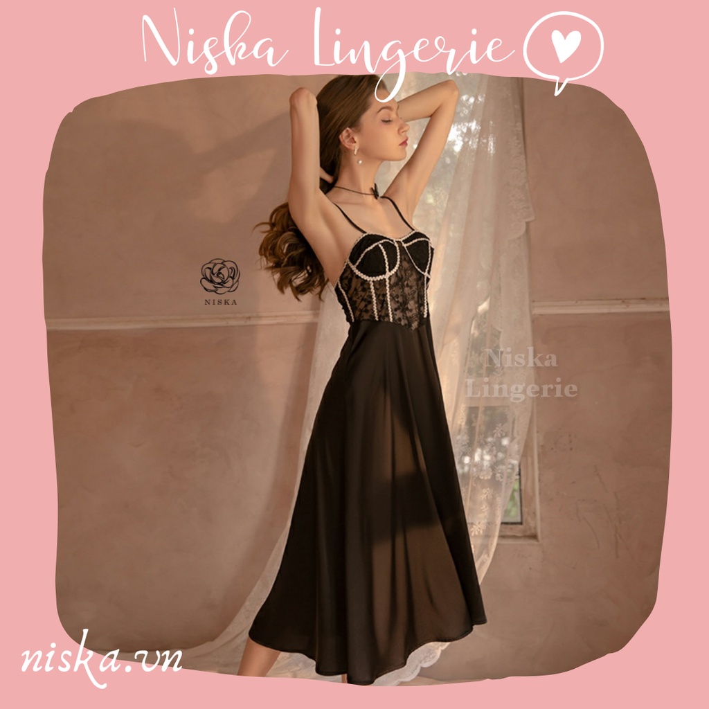 Đầm ngủ satin maxi phối ren - Mã D282