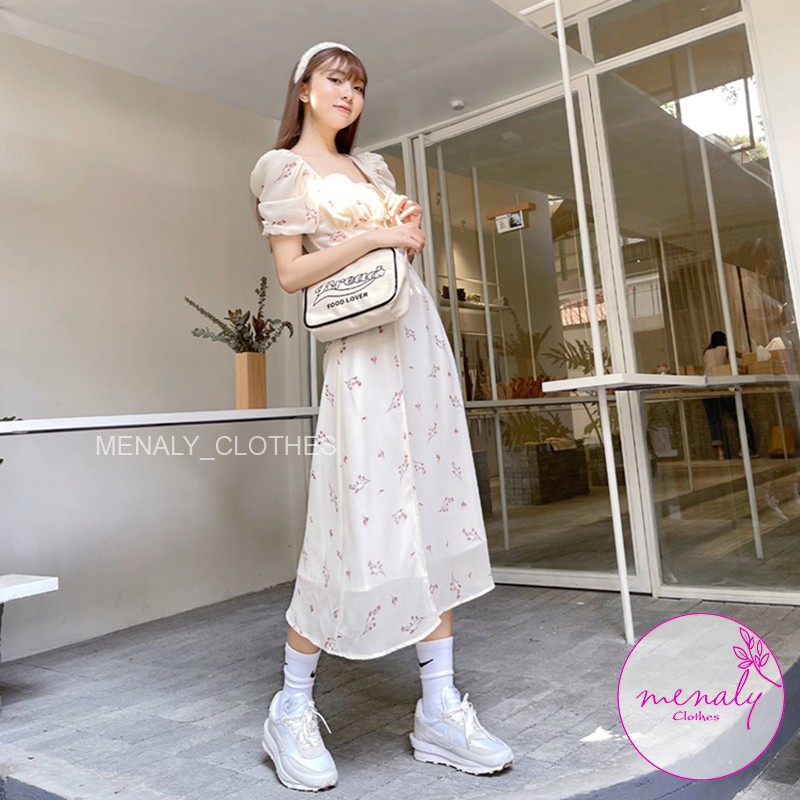 Váy đầm nữ vintage hoa nhí cổ vuông tay bồng VH045