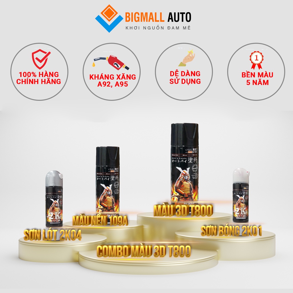 Combo Sơn Samurai 3D xanh T800 loại 2K chuẩn quy trình độ bền 5 năm gồm 4 chai 2K04 - 109A - T800- 2K01