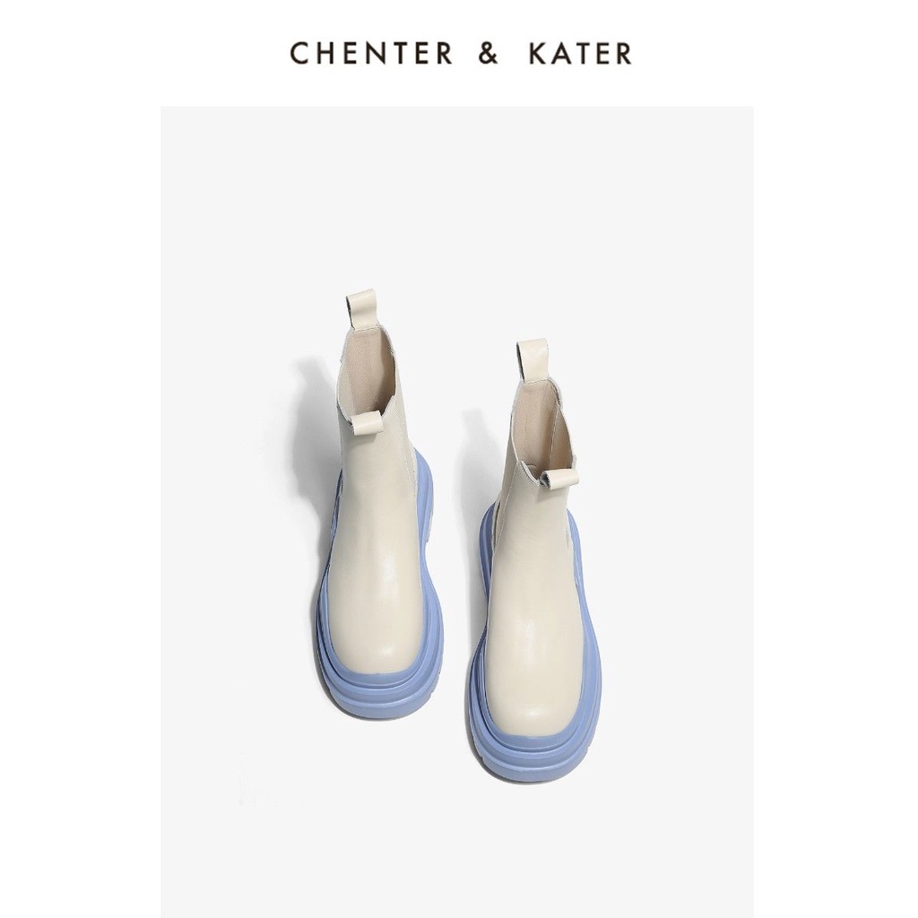 Little CK mùa xuân và mùa thu mới màu xanh đáy giày Martin boots nữ đế dày ống trung trung bình Chelsea boots bv khói ốn