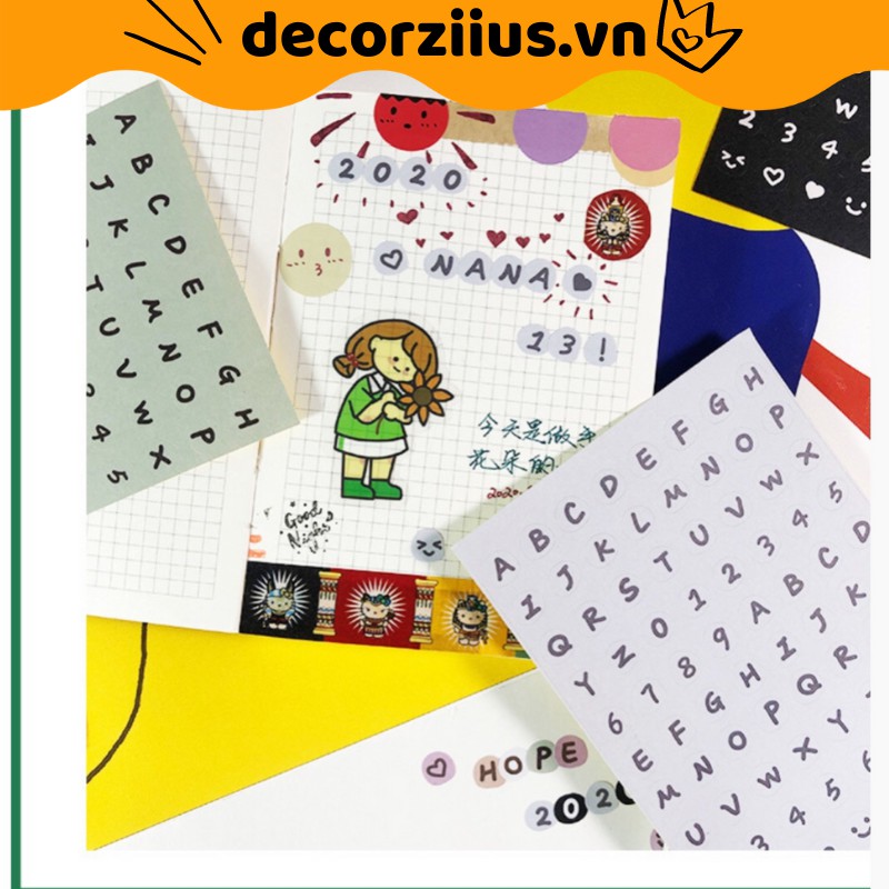 Nhãn dán Sticker chữ cái alphabet,bảng chữ cái viền tròn dán note trang trí sổ học tập