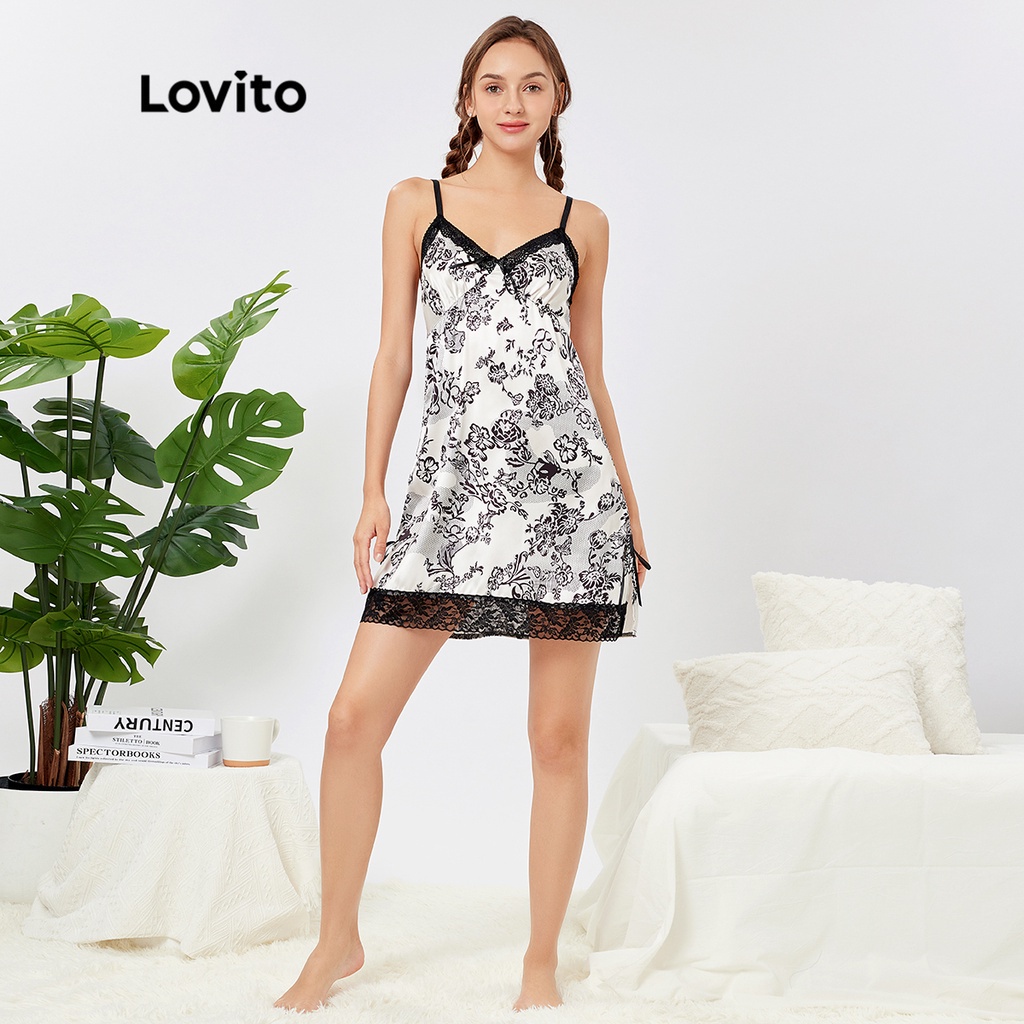 Đầm ngủ Lovito in họa tiết ren tương phản phong cách thường ngày L26AD101 (màu đen và trắng)