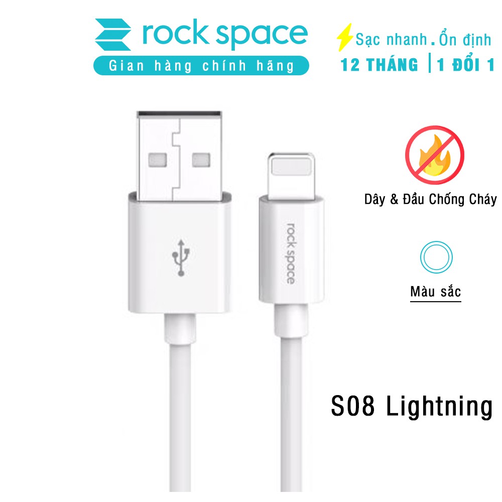Dây cáp sạc nhanh cho iphone Rock space Lightning S08 độ dài 1m, sạc nhanh, ổn định, không nóng máy, hàng chính hãng