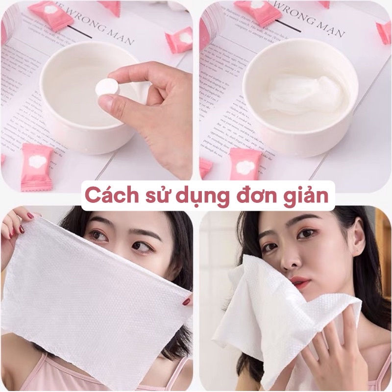 Set 5 viên khăn giấy nén dạng viên kẹo màu hồng siêu dai tiện ích