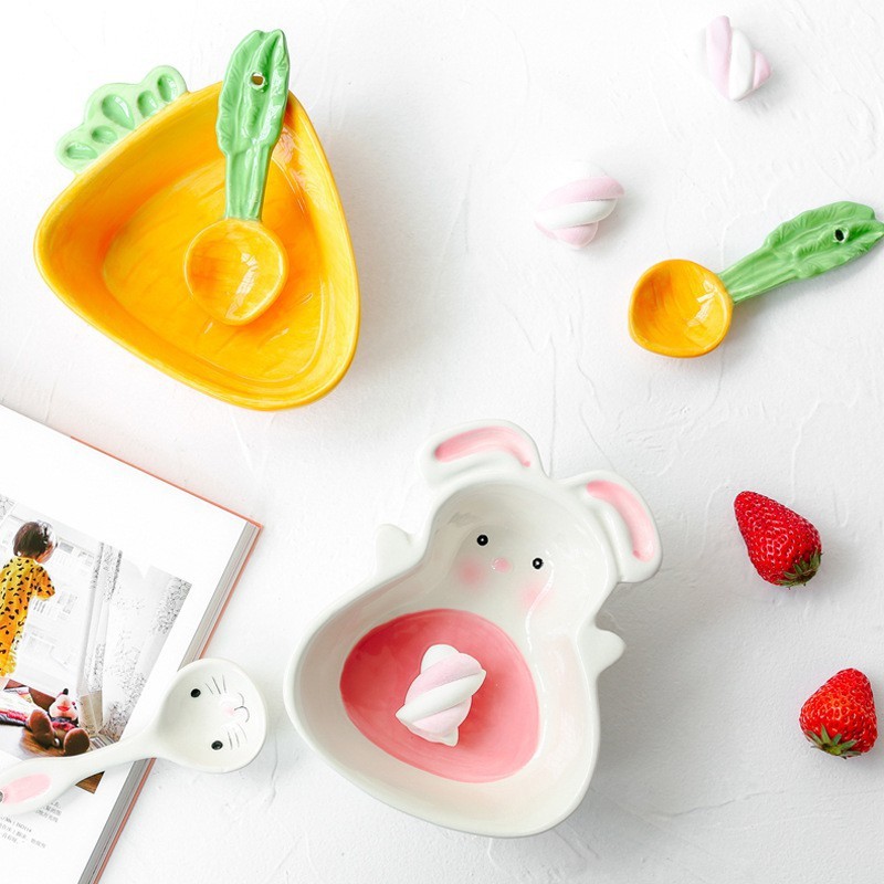 Bát, thìa sứ ăn dặm hình thỏ, cà rốt