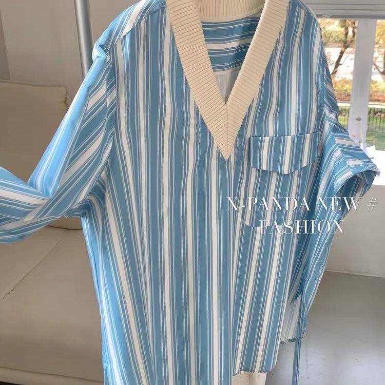 Áo Sơ Mi Cổ Chữ V Tay Dài Kẻ Sọc Dọc Phối Dây Ruy Băng Thời Trang Mùa Xuân Cho Nữ 2022