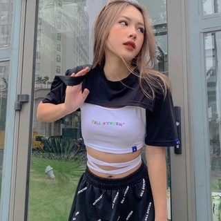 Combo áo croptop Kill System thắt dây eo trắng đen