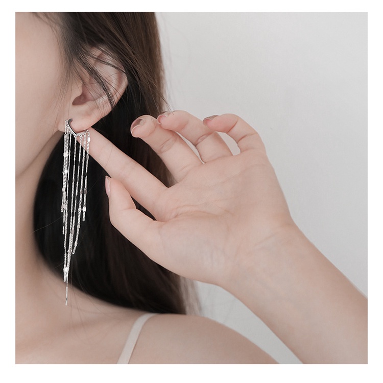 Bông Tai Dạng Kẹp Hình Trái Tim Dáng Dài Màu Bạc Sang Trọng Cho Nữ-JHS4-E