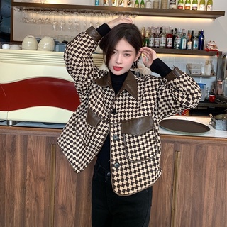 [HÀNG ORDER] Áo khoác croptop da hoạ tiết houndstooth (ảnh thật ở cuối)