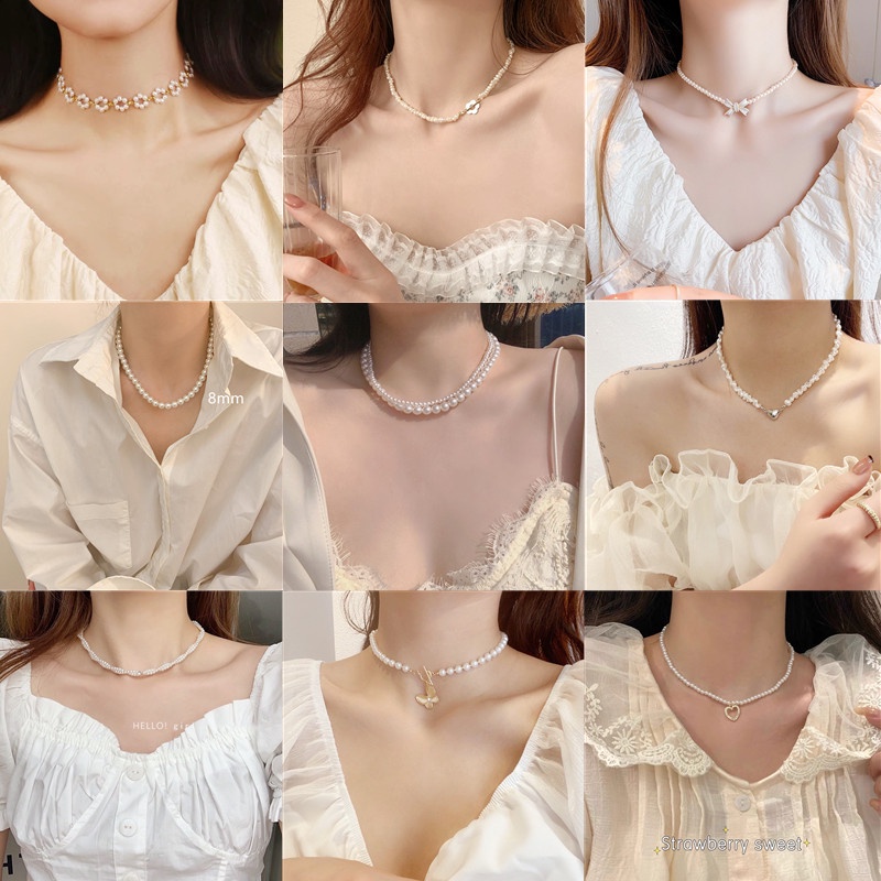 Vòng cổ Mặt Hình Bướm Đính Ngọc Trai Thời Trang Hàn Quốc