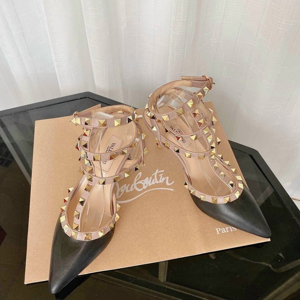 [ Hàng Fullbox ] Giày cao gót / Sandal nữ đinh Valentino Siêu sang mũi nhọn 7cm tôn dáng Đen công sở đi làm dự tiệc