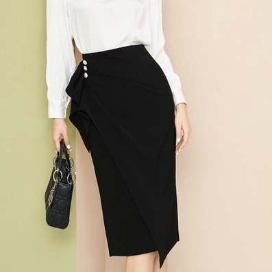 Chân váy bút chì dài công sở cạp cao vạt cúc ngọc Homieyl cao cấp, chân váy lưng cao dài qua gối màu đen chất vải đẹp | BigBuy360 - bigbuy360.vn