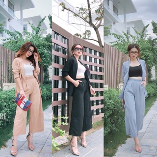 Combo 3 món : Quần culottes mix áo vest kèm tanktop trắng