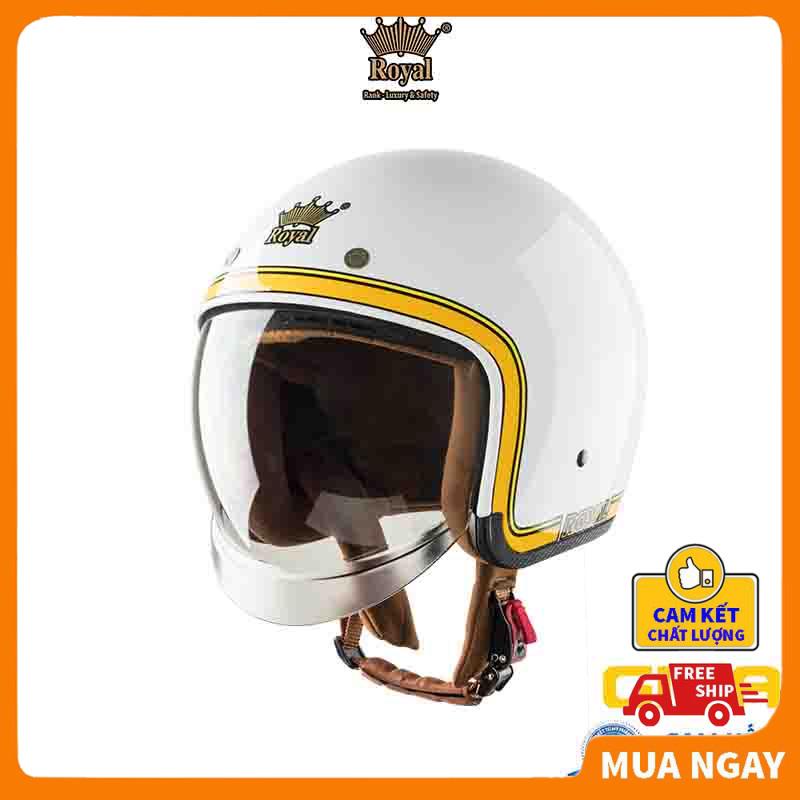 Mũ bảo hiểm Royal kính âm M139 tem V10 trắng line vàng