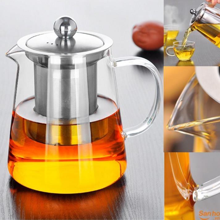 Bình pha trà thủy tinh có lõi lọc trà và nắp inox