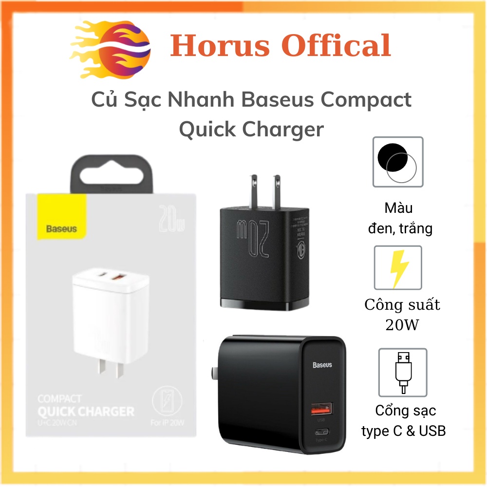 Củ Sạc Nhanh 20W Baseus Compact Quick Charger Siêu Nhỏ Gọn Tích Hợp 2 Cổng Sạc Type C và USB, Hỗ Trợ PD 20W/ 18W, QC3.0