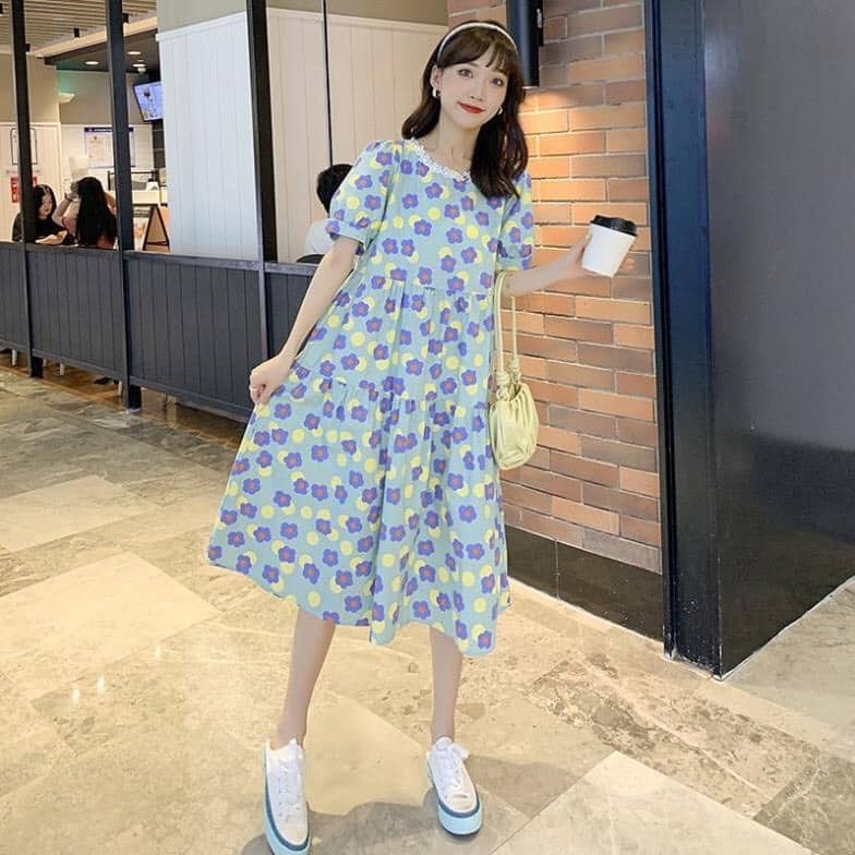 Váy Bầu Hoa siêu xinh,dáng xuông,tay bo gấu ,phong cách hàn quốc ,freesize 50-70kg