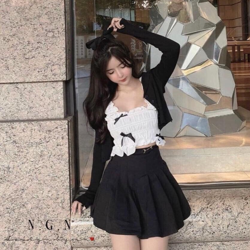 Set Áo Hai Dây Chun Nơ Và Chân Váy Ngắn Siêu Xinh , Set Bộ Áo Đính Nơ Kèm Chân Váy Ngắn Xếp Ly