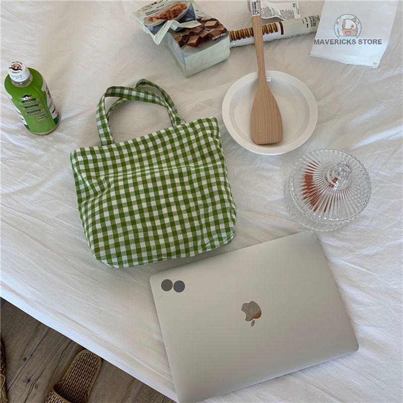 Túi xách đeo vai vải lanh cotton họa tiết sọc ca rô dễ thương phong cách retro hàn quốc