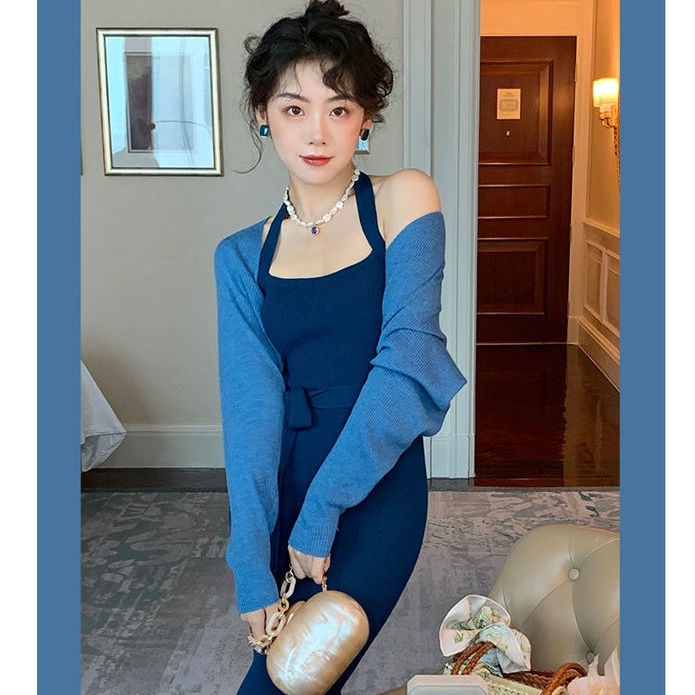 Bộ Áo Khoác Cardigan + Đầm Dệt Kim Hai Dây Ôm Dáng Phong Cách Retro Hong Kong Thời Trang Mùa Thu Cho Nữ 2021