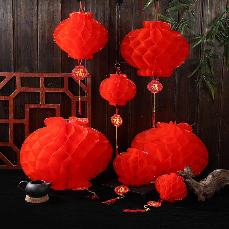 Lồng đèn trang trí DIY dạng tổ ong màu đỏ phong cách Trung Hoa truyền thống chống thấm nước
