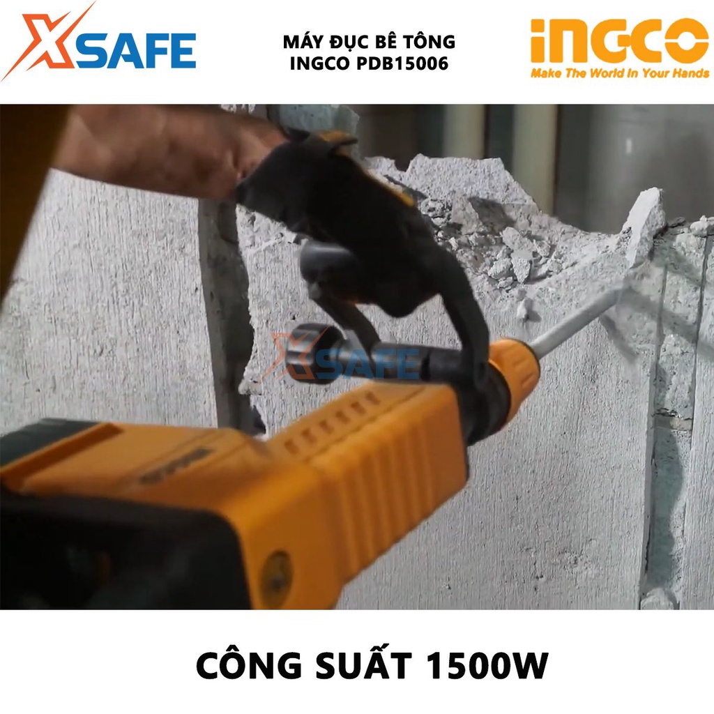 Máy đục bê tông INGCO PDB15006 công suất 1500W, tốc độ đập 1000-1900 lần/phút, có chế độ chống rung và khóa mũi đục