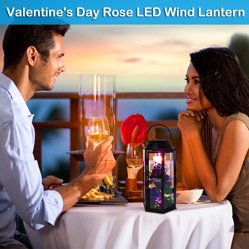 Rechargable LED Rose Wind Lamp with Rose in Glass Dome and Metal Frame 11*31cm Ornament Gift for Valentine's Day Wedding