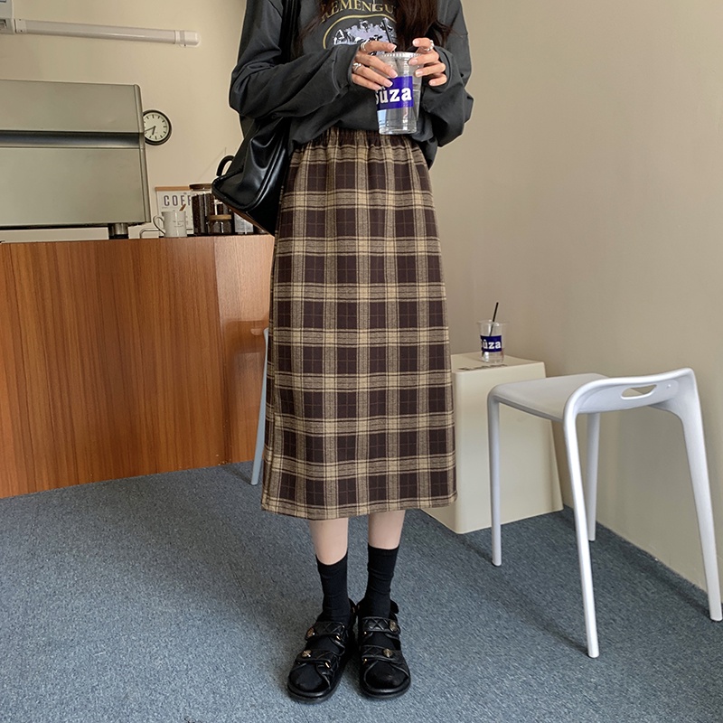 Chân váy chữ A SUXI lưng cao họa tiết sọc caro phong cách cổ điển thời trang cho nữ
