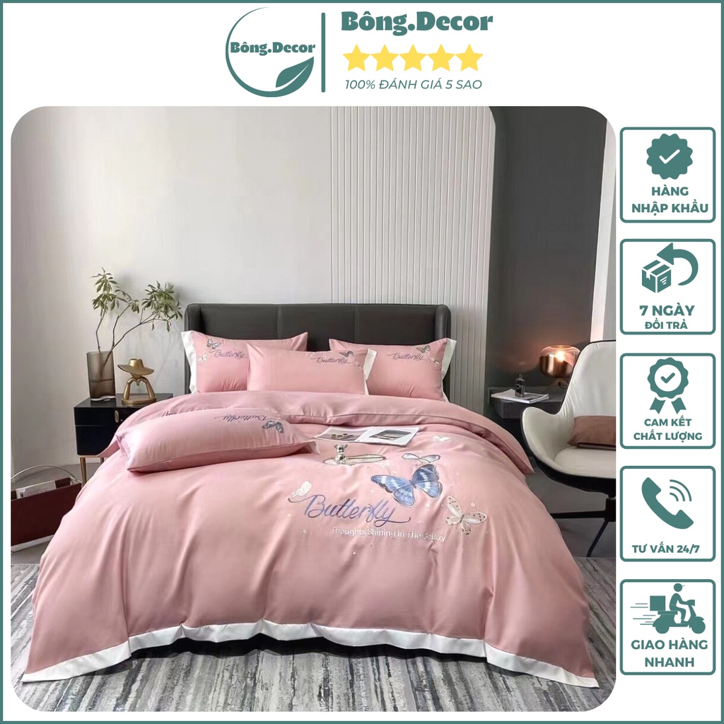 Bộ chăn ga gối Cotton Butterlly thêu họa tiết bướm sang trọng, chất cotton 100% nhập khẩu cao cấp thoáng mát-Bông.Decor