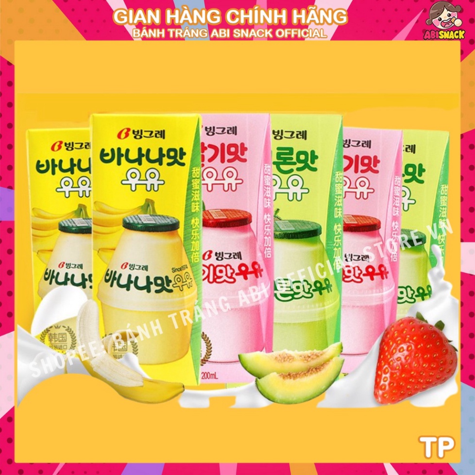 Xả Kho Sữa Tiệt Trùng Vị Trái Cây Binggrae Milk Drink Nhập Khẩu Hàn Quốc 3 vị chuối-dưa gan-dâu 200ml hộp