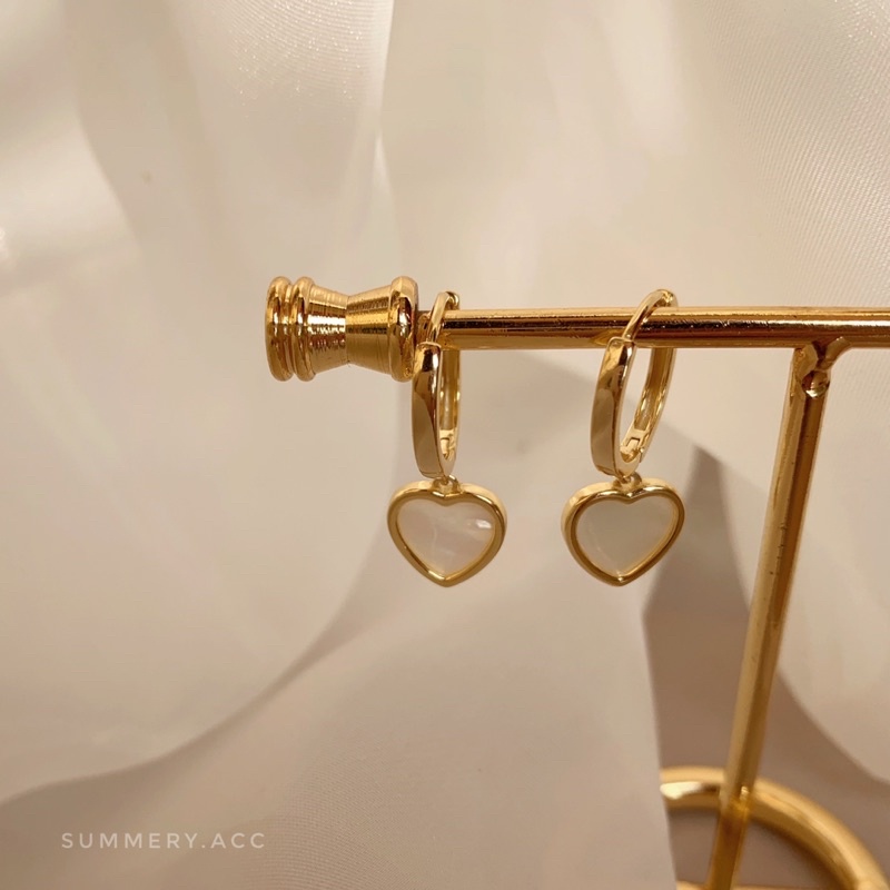 Khuyên tai bạc 925 SUMMERY tròn hoop trái tim nạm xà cừ bông tai S925