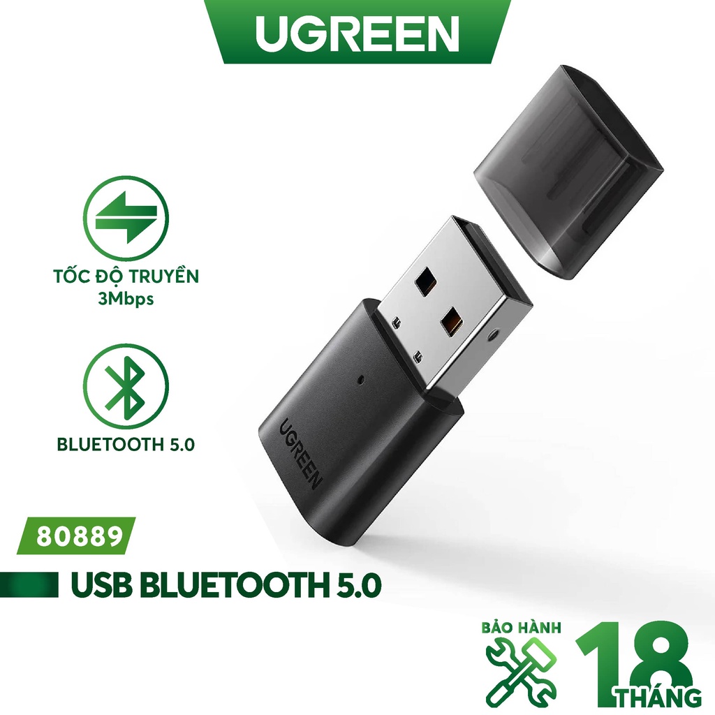 Thiết bị USB thu phát Bluetooth 5.0 UGREEN 80889 cho máy tính laptop - Hàng phân phối chính hãng - Bảo hành 18 tháng