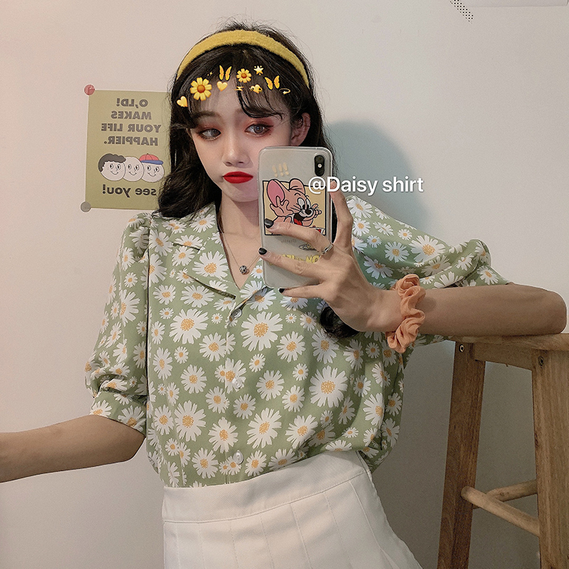 Áo sơ mi SUXI tay ngắn dáng rộng họa tiết hoa cúc phong cách Hàn Quốc thời trang dành cho nữ