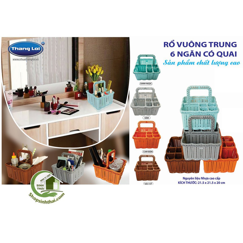 Rổ vuông 6 ngăn có quai xách - rổ nhựa có quai đựng hoa quả, mỹ phẩm, văn phòng phẩm 22x22x20cm - giao màu ngẫu nhiên