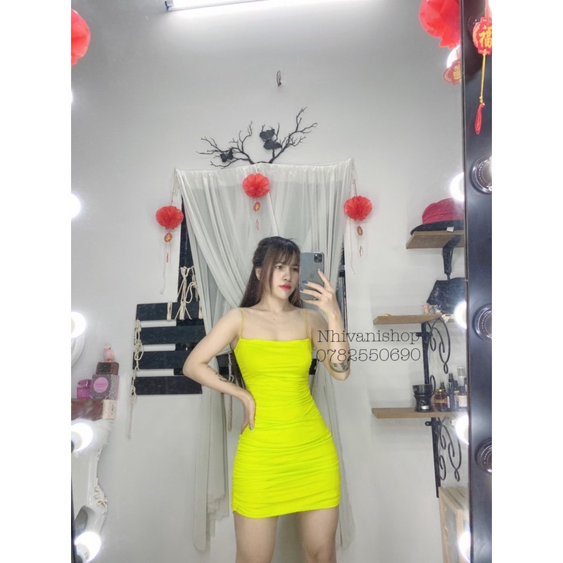 đầm hai dây body lụa nhún đi tiệc đi chơi sang chảnh sexy