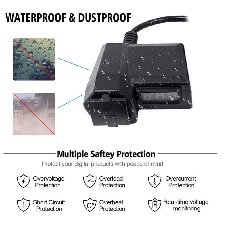 Bộ sạc điện thoại/máy tính bảng/GPS cổng USB kép 12V kiêm vôn kế có công tắc bật/tắt chống thấm nước cho xe máy