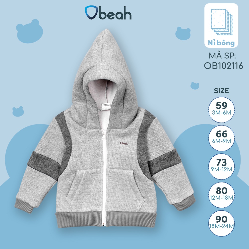 Áo khoác trẻ em, áo khoác nỉ bông  phối màu ghi OBEAH chất liệu nỉ bông mềm mại ấm áo Fullsize 59 đến 90 MÃ OB102116