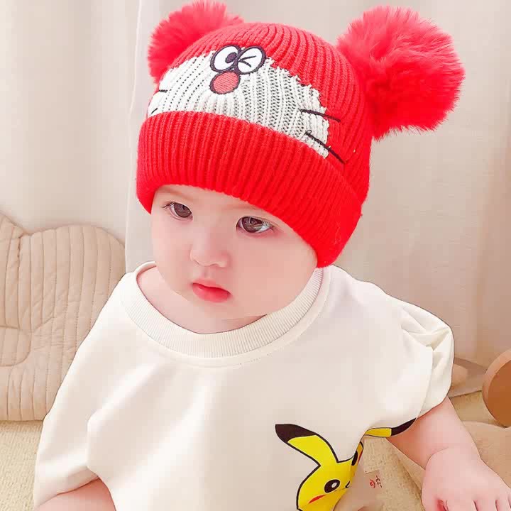 Mũ len doremon cho bé đội mùa đông có hai quả bông hình Mèo, mũ nón len đội ấm đầu cho bé trai bé gái 0-3 tuổi