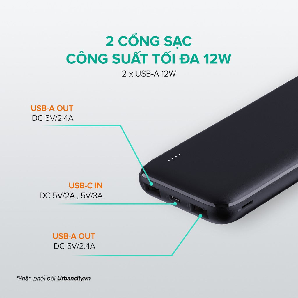 Pin Siêu Mỏng 10.000 mAh Aukey PB-N73 1 Cổng Sạc Nhanh Type C 15W, 2 Cổng USB-A