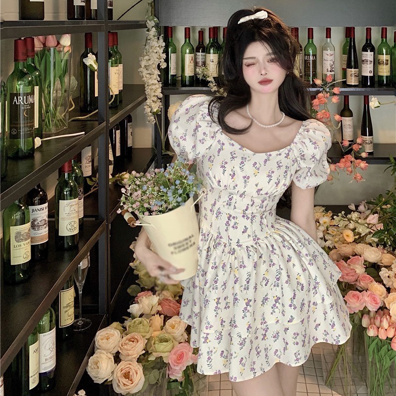 Đầm Tay Phồng Cổ Vuông Dáng Ôm In Họa Tiết Hoa Xinh Xắn Thời Trang Cho Nữ